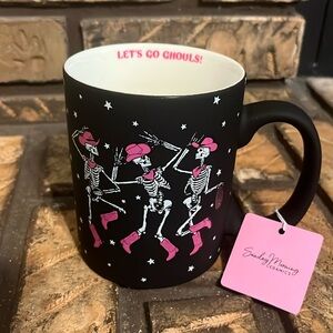3/$25 Sunday Morning Ceramic “Lets Go Ghouls” Black & Pink Cowgirl Skeletons Mug